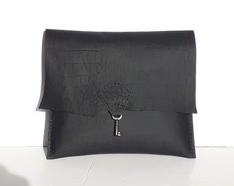 Raw edge leather clutch purse with embossed alligator finish - black