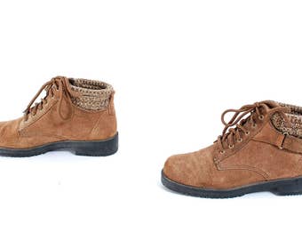 size 7.5 GRUNGE brown suede leather 80s SWEATER CUFF lace up ankle boots