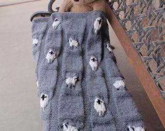 Baby blanket with sheep/sheep blanket/gray baby blanket/hand knitted baby blanket/sheep/unisex baby blanket/new baby/lap robe/baby shower