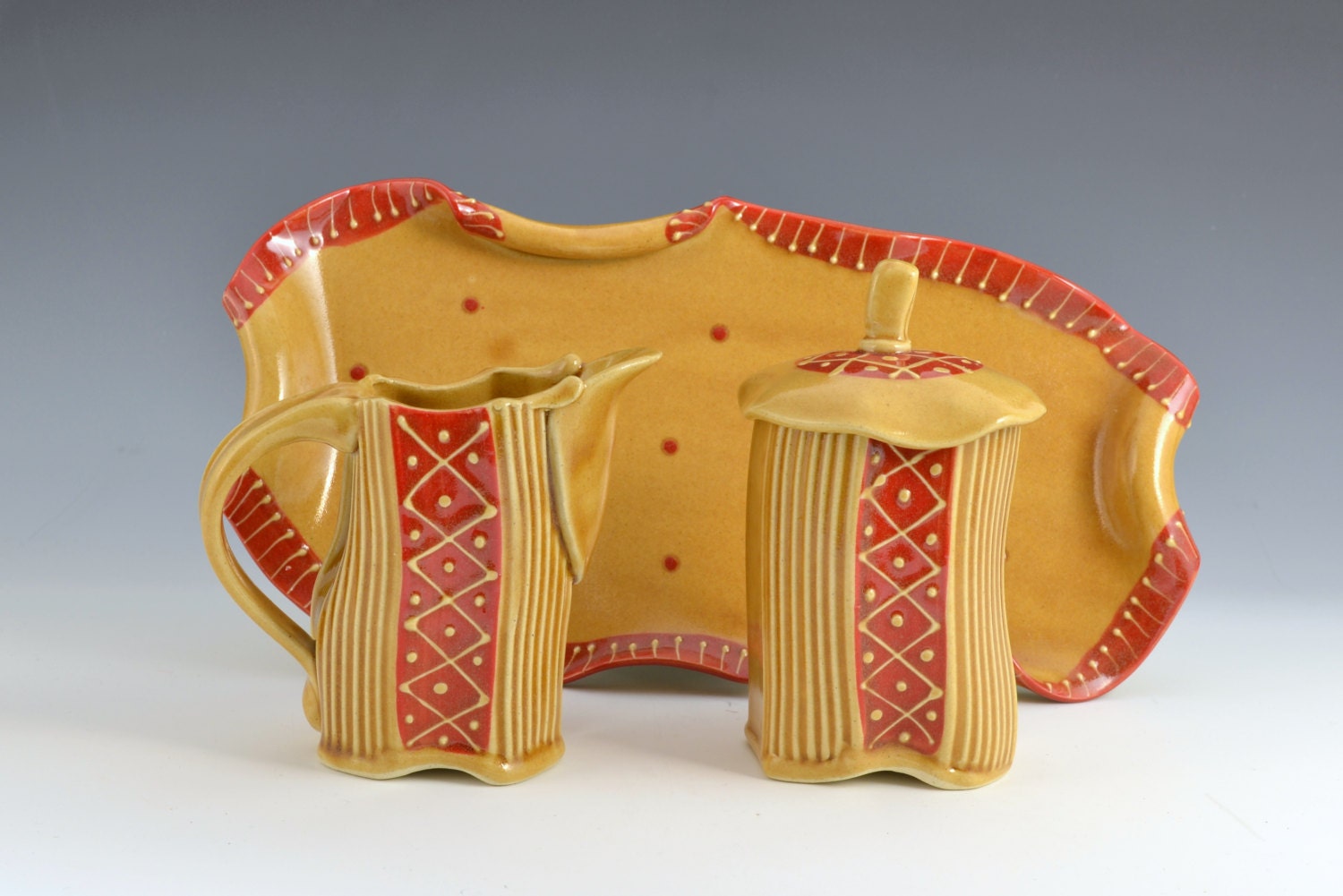 Unique Sugar and Creamer Set with serving tray by Creativewithclay