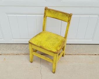 Vintage Chippy Yellow Wood Children's Chair