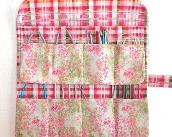 Floral and Plaid Circular Knitting Needle Organizer, Pastel Double Pointed Needle Holder, Green Pink Crochet Hook Case, Brushes Storage Roll