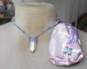 Beaded Quartz Crystal Point Wand Necklace Medium Size with Rose Quartz Amethyst Blue Rainbow Quartz Semiprecious Stone Gemstone Beads
