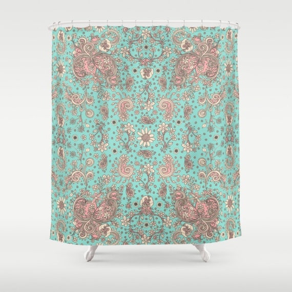 Shower Curtain Teal Pink Floral boho shower curtain shabby