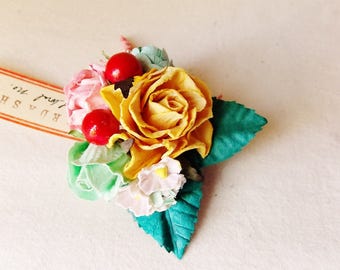Ginger Aqua Cherry Red Pink Roses Mixed bunch Vintage style Millinery Flower spray Bouquet floral corsage