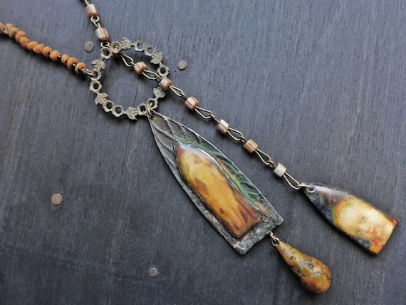 Golden lariat rustic art necklace by fancifuldevices  “Earthly Delights”
