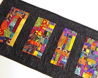 Abstract Quilted Table Runner in Bright and Colorful Fabric, Modern Patchwork Table Decor