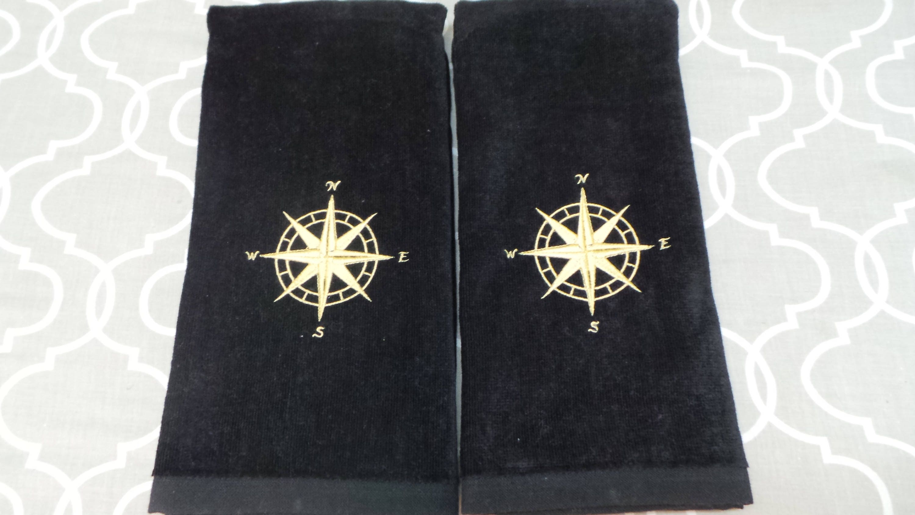 Nautical hand towels 2 embroidered compass rose design Great