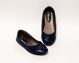navy blue sequin flats