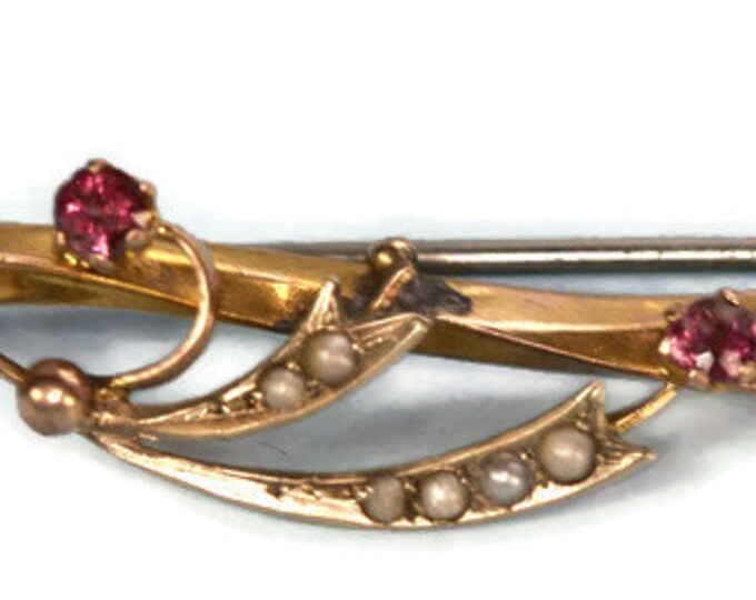 9K Gold Bar Pin Seed Pearls Garnets England 1915 Antique