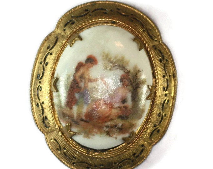 CIJ Sale Romantic Courting Couple Porcelain Brooch Lovers Enameled Frame Vintage