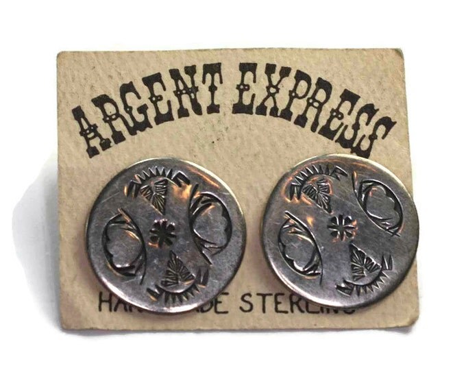 Sterling Southwestern Style Earrings Round Inscribed NA Design Argent Express Posts Original Card