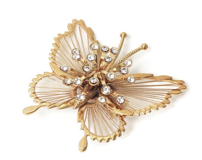 Monet Spinneret Butterfly Brooch Clear Rhinestones Gold Tone Vintage