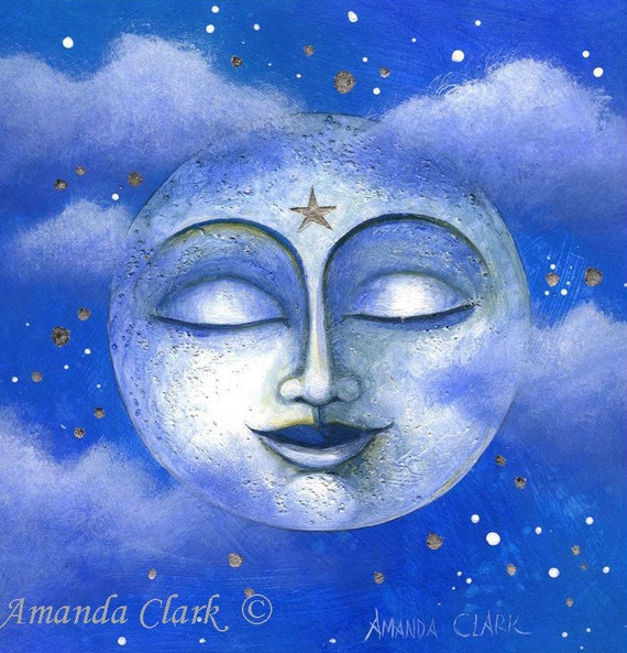 Moon in the clouds art print . Whimsy art. Moon illustration.