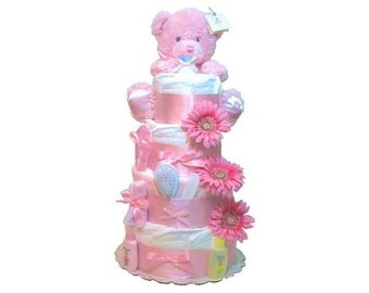 Girl Diaper Cake, Girl Pink Diaper Cake, Girl Diaper Cakes for baby showers, Baby Shower Cakes, Baby Shower Girl Gift, diaper centerpiece