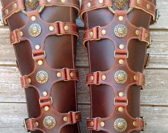 Brown Leather Shin Guards, Shinguards or Gaiters with Antiqued Brass Hardware and Celtic Shields