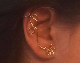 Whimsical Floral Ear Cuff, Vine Jewelry, ear jewelry, ear climber, ear wrap, ear jacket, silver plate, non pierced