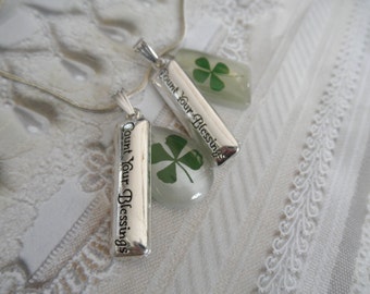 4 Leaf Clover White Cat's Eye Teardrop or Rectangle Pendant-Count Your Blessings Charm-Gifts under 30-Symbolizes Luck, Love, Hope, Faith
