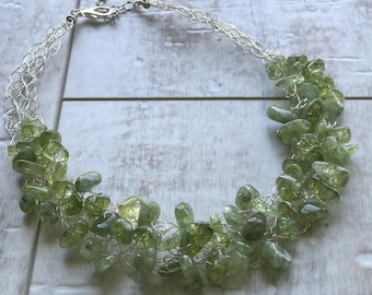 Quartz Necklace, Green Quartz Necklace, Chunky Necklace, Statement Necklace, Wire Crochet Necklace
