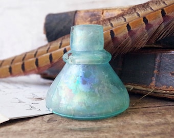 Antique Dug Aqua Blue Glass Ink Bottle - iridescent old school bottle