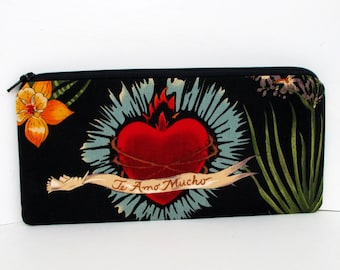 Zippered Pencil Pouch, Frida Heart of Love, Black Zipper Bag