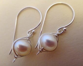 Pearl and silver earrings white pearl earrings single white pearl drop earrings sterling silver wire wrapped pearl earrings June birthstone