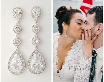 Bridal Earrings Crystal Long Wedding Earrings Wedding Jewelry Cubic Zirconia Large Teardrops Bridal Drop Earrings Bridal Jewelry, Eyra