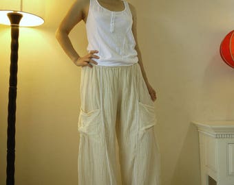Take Me Home...Non- Bleached Creamy White Light Double Gauze Cotton Pants With 2 Roomy Patched Pockets