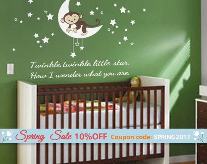 Moon Wall Decal, Monkey Wall Decal,Stars Wall Decal, Monkey Stars and Moon Wall Decal, Twinkle Twinkle Little Star Baby Wall Decal Sticker