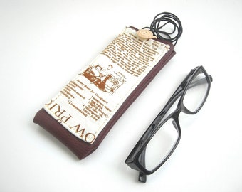 Neck glasses holder, newspaper fabric eyeglass case with lanyard, burgundy faux leather eyewear case, spectacles cover with pocket