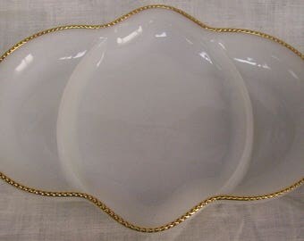 Vintage Fire King Milk Glass Gold Trim Relish 3 Section Plate Serving Dish
