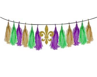 Mardi Gras Banner Gold Glitter Fleur De Lis Tissue Tassel Tail Gold Glitter Center with Green and Purple Tissue Tassels