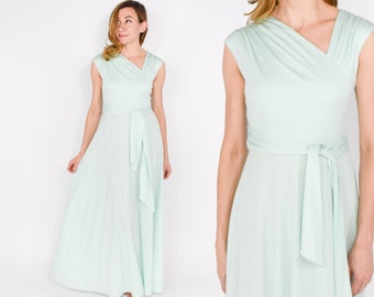 70s Maxi Dress | Mint Green Jersey Knit Long Evening Party Dress | Small