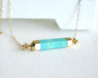 Stone Bar Necklace, Turquoise Necklace, Blue Stone Bar Necklace, Stone Pendant, Horizontal Bar Necklace, Bar Necklace Layering, Gold filled