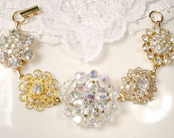 Old Hollywood Glam Rhinestone & Crystal Gold Bridal Bracelet, Vintage Cluster Earring Bracelet Bridesmaid Gift Metallic Wedding Mother Bride