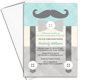 Little man baby shower invitation for boys | suspenders and mustache baby shower invites | printable or printed - WLP00771