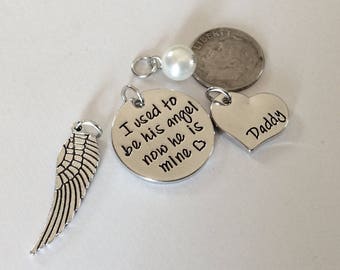 1 - I used to be his Angel now he is Mine" 4 Piece Pendant set, Father's Day, Angel wing, faux Pendant, loss of Dad, Stamped Pendant