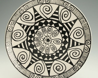 Black and White Plate 8", Lunch, Dessert, Salad Plate, Ceramic Pottery Plate, Mandala Art, Black Graphic Designs, Ceramic Dinnerware