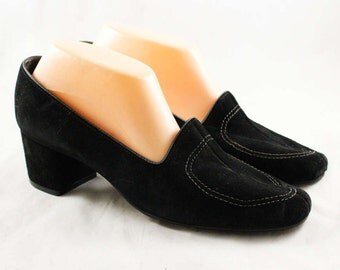 Size 10 Shoes - Black Suede 1970s Pumps - Mod 60s 70s Heels - Nice Quality - Sophisticated Hush Puppies Deadstock - NOS - 10M - 47654-2