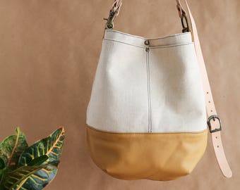 Project Tote-Bag- Large Pocket Canvas Tote Bag- Leather and Canvas Tote- Huge Pocket Tote Bag- Hemp Leather Natural Dye Tote Bag