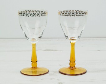 Vintage amber drinking glasses - Barware Gold honey glassware serving display yellow stemmed glass orange