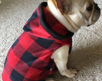 French Bulldog Red and Black Buffalo Checked Fleece Hoodie