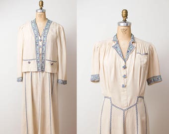 RESERVED 1930s Embroidered Dress / 30s Raw Silk Dress & Jacket