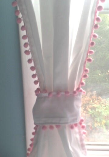 Classic White Curtain with Pink Pom Pom Fringe