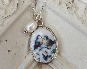 Broken China Jewelry Oval Lovebirds Pendant Necklace