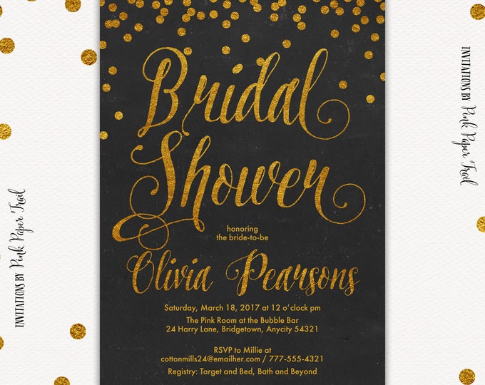 Bridal Shower Invitation, Gold and Black Invitation, Gold Glitter Invitation, Bridal Shower Invitation, Printable Bridal Shower Invitation