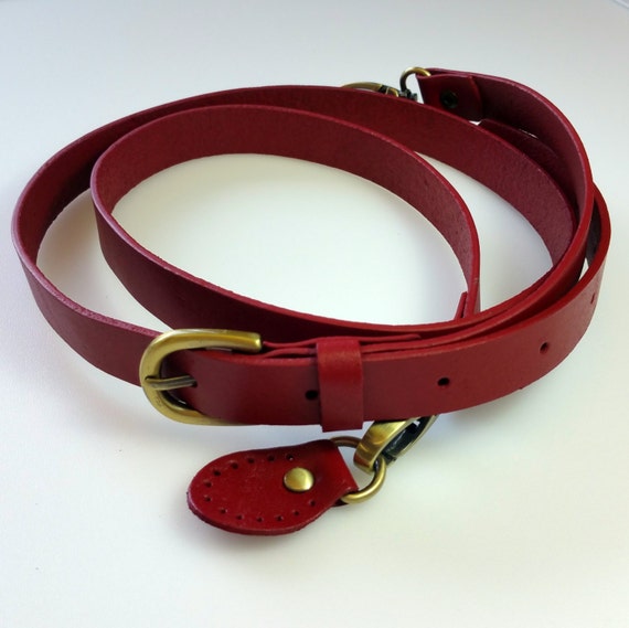 Leather Bag Strap with Sew On Tabs Red Brass Fittings
