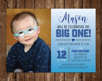 Ombre Blue First Birthday Invitation, Boys first birthday invite, photo invitation, the big one invite, printable 1st birthday invite