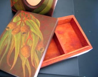 TISSUE BOX Cover and Card or TRINKET Box Decoupage Original Signed Artwork on Wood Set