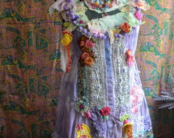 off Reworked dress boho gypsy wearable art art to wear dress altered couture dress upcycled dress embroidered with lace and artsy flowers